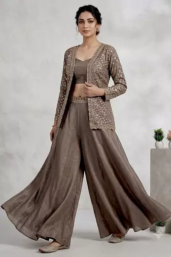 Brown silk blend embroidered palazzo set