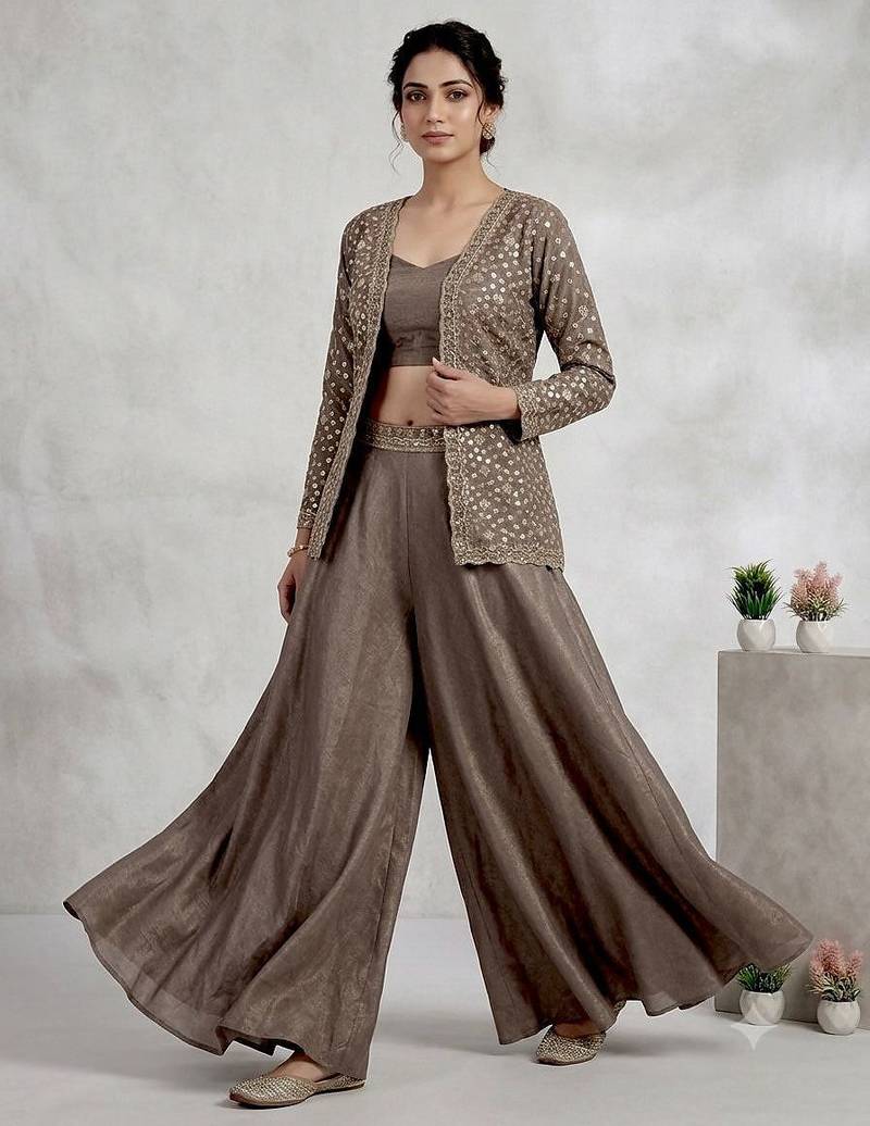 Brown silk blend embroidered palazzo set