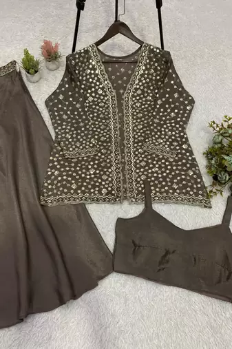 Brown silk blend embroidered palazzo set