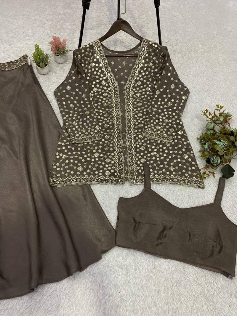 Brown silk blend embroidered palazzo set
