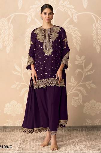 Purple faux georgette embroidered palazzo set