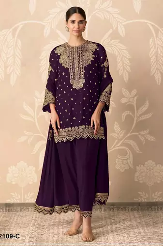 Purple faux georgette embroidered palazzo set