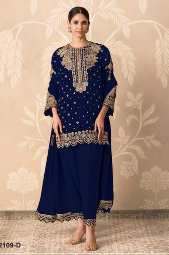 Royal-blue faux georgette embroidered palazzo set