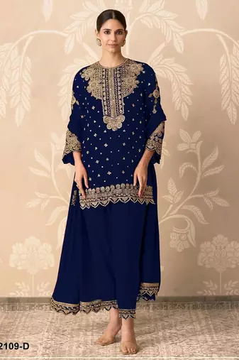 Royal-blue faux georgette embroidered palazzo set