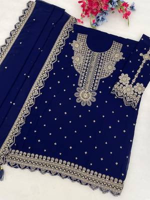 Royal-blue faux georgette embroidered palazzo set 3