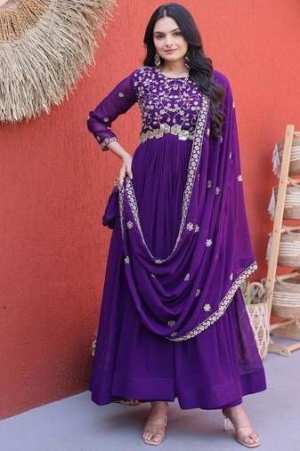 Purple silk blend sequins flared gown set