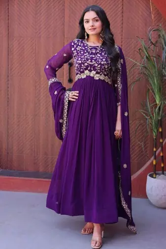 Purple silk blend sequins flared gown set
