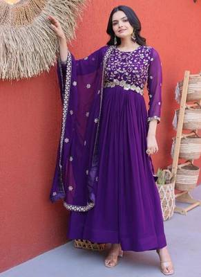 Purple silk blend sequins flared gown set 3
