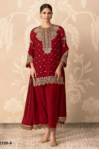 Red faux georgette embroidered palazzo set