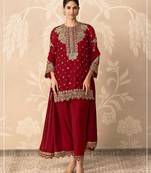Red faux georgette embroidered palazzo set