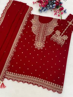 Red faux georgette embroidered palazzo set 2