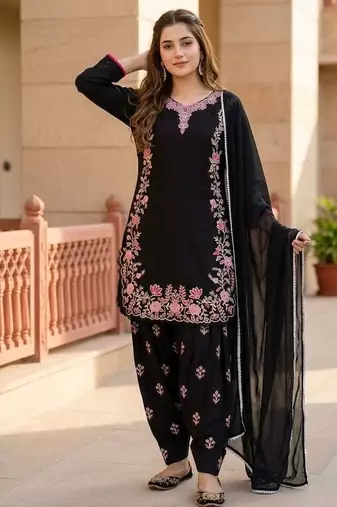 Black silk blend embroidered farshi salwar set