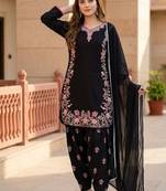 Black silk blend embroidered farshi salwar set
