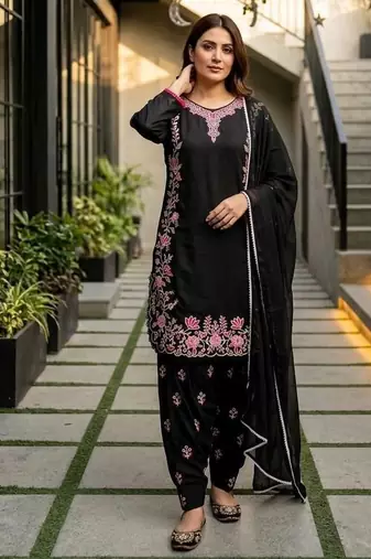 Black silk blend embroidered farshi salwar set