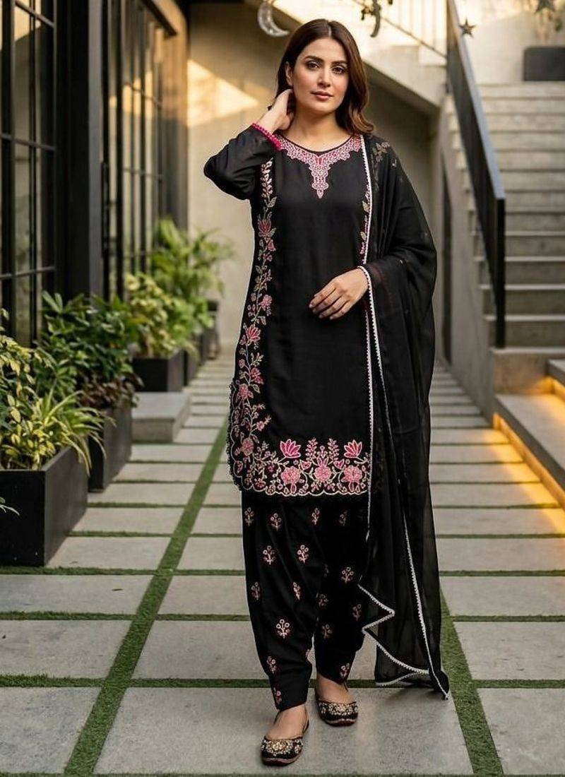 Black silk blend embroidered farshi salwar set