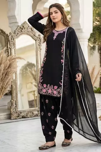 Black silk blend embroidered farshi salwar set