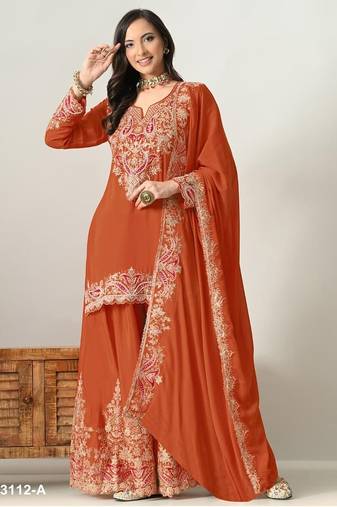 Orange silk blend embroidered palazzo set