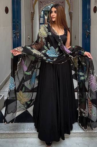Black crepe printed anarkali set