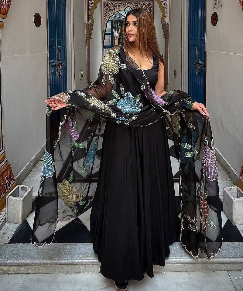 Black crepe printed anarkali set