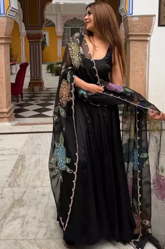 Black crepe printed anarkali set