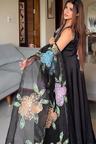 Black crepe printed anarkali set