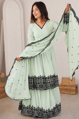 Green faux georgette embroidered palazzo set