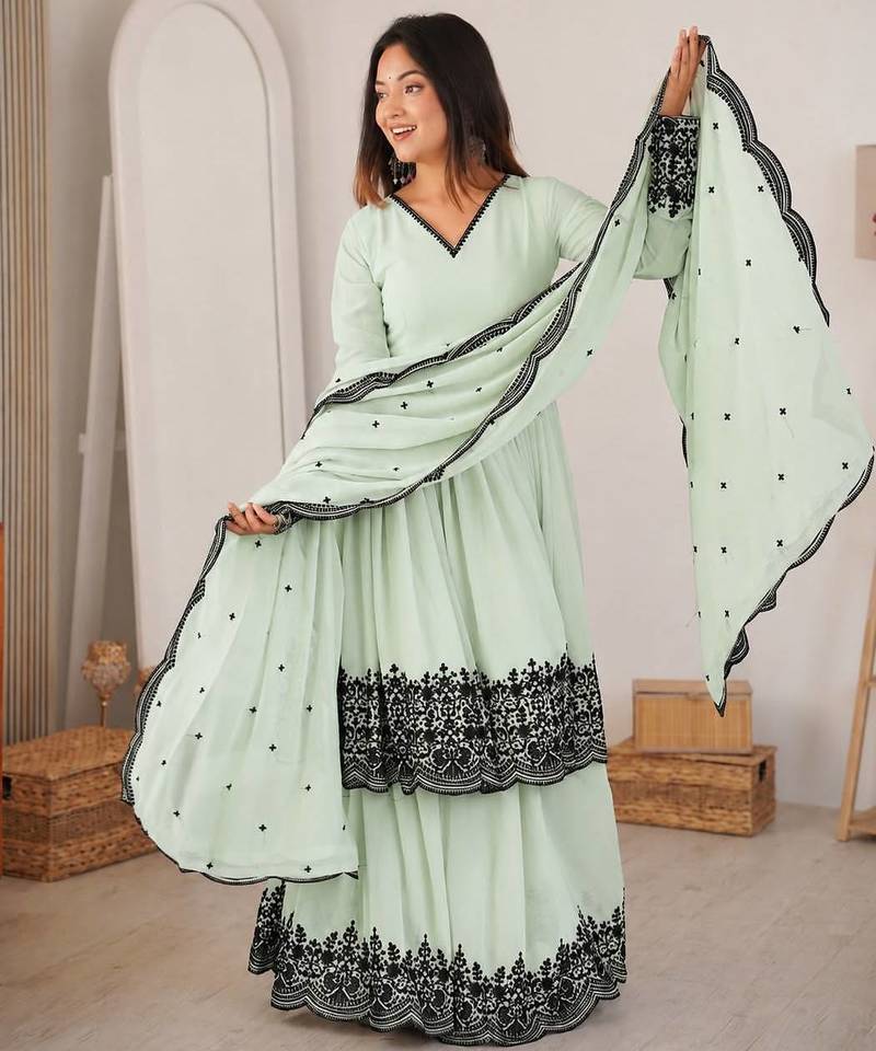 Green faux georgette embroidered palazzo set