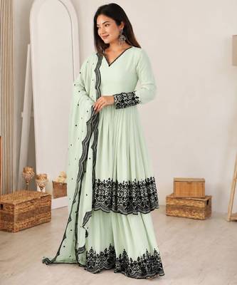 Green faux georgette embroidered palazzo set 4