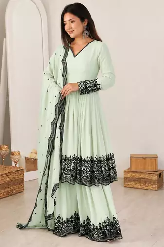 Green faux georgette embroidered palazzo set
