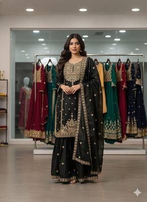 Black silk blend embroidered sharara set 1
