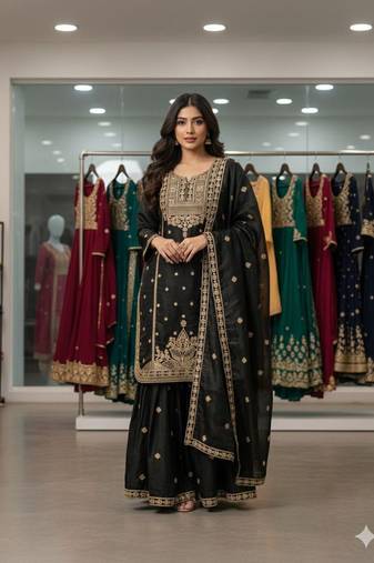 Black silk blend embroidered sharara set