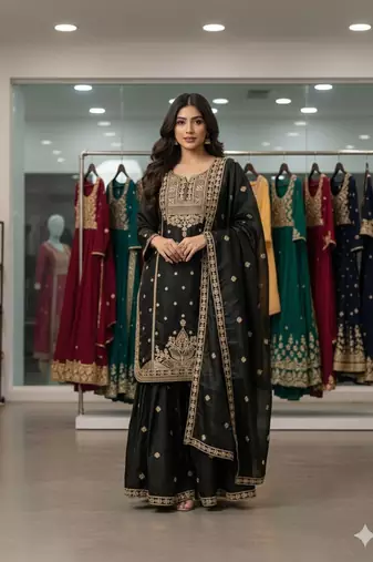 Black silk blend embroidered sharara set