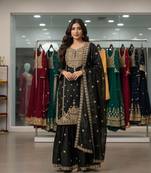 Black silk blend embroidered sharara set
