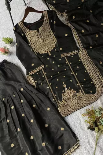 Black silk blend embroidered sharara set