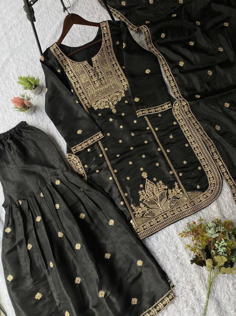Black silk blend embroidered sharara set