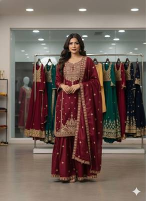 Red silk blend embroidered sharara set 1