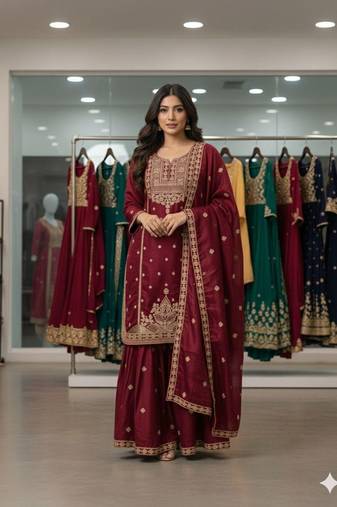 Red silk blend embroidered sharara set