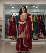 Red silk blend embroidered sharara set