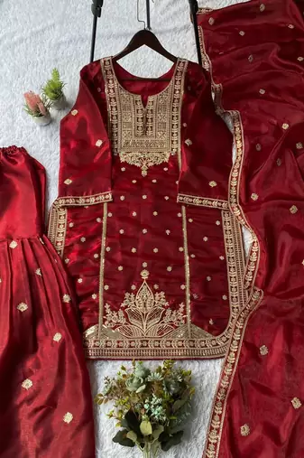 Red silk blend embroidered sharara set