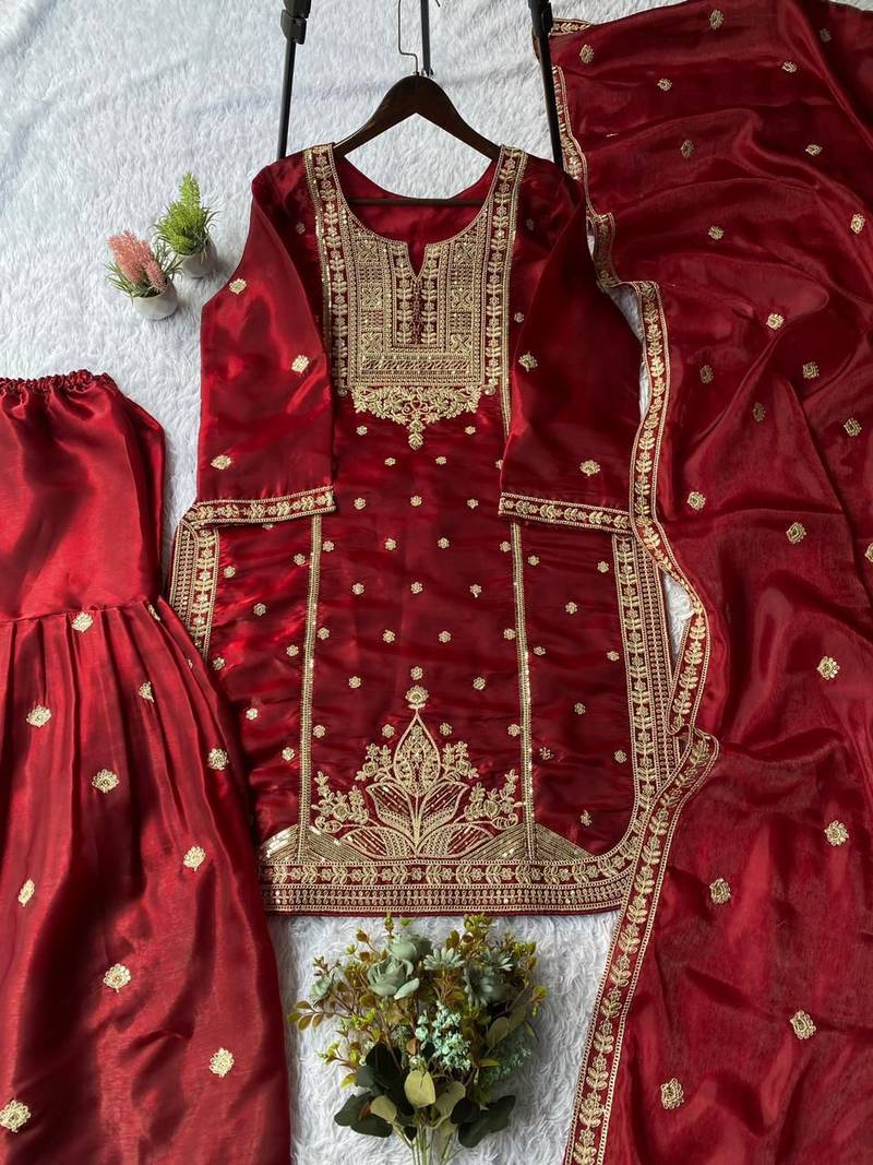 Red silk blend embroidered sharara set