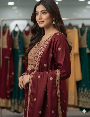 Red silk blend embroidered sharara set 3