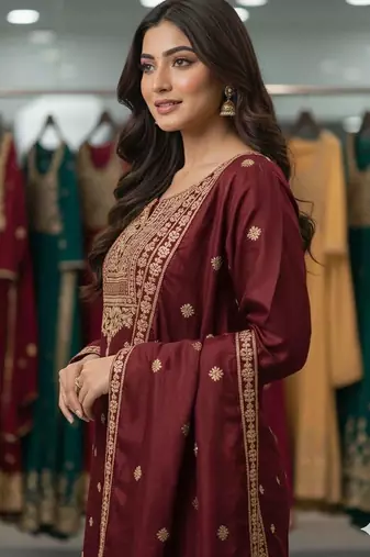 Red silk blend embroidered sharara set