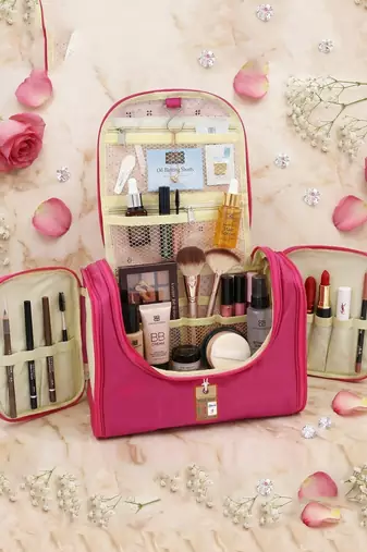 Nylon Hanging Travel Toiletry Bag Cosmetic Makeup Storage Box Vanity Organizer Jewellery Pouch (Pink)