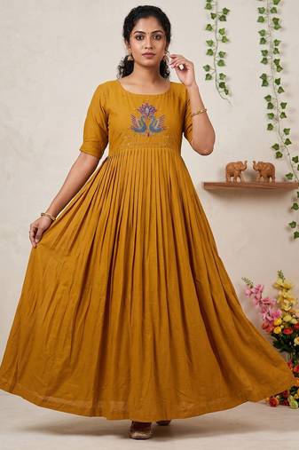 Women's new trendy mustard pleated maxi dress with intricate peacock beadwork