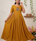 Women's new trendy mustard pleated maxi dress with intricate peacock beadwork