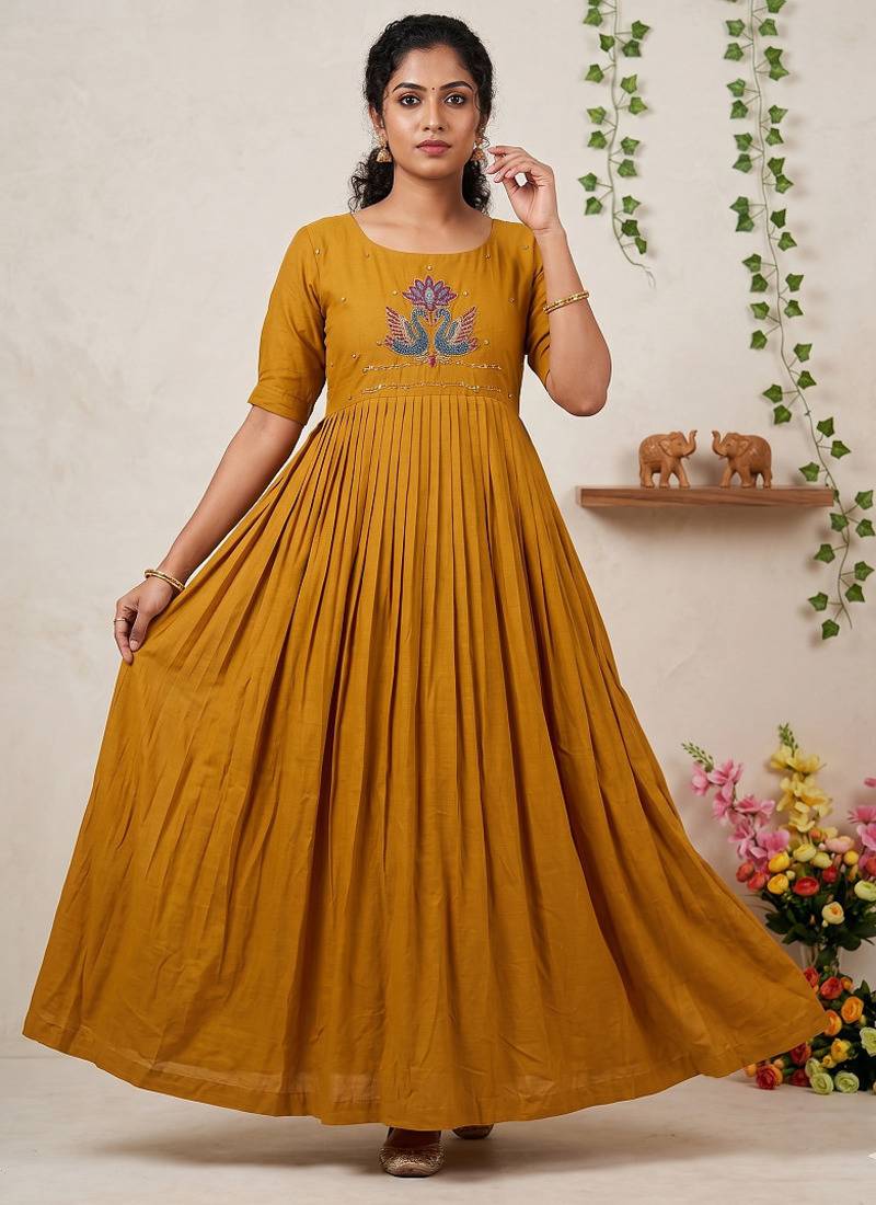 Women's new trendy mustard pleated maxi dress with intricate peacock beadwork