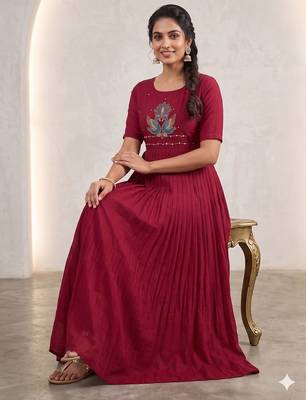 Women's rani pink pleated maxi dress with intricate peacock beadwork 1