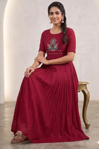 Women's new trendy rani pink pleated maxi dress with intricate peacock beadwork