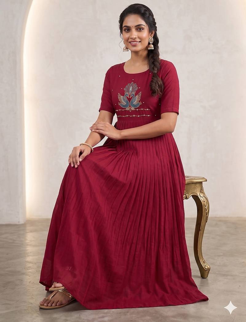 Women's new trendy rani pink pleated maxi dress with intricate peacock beadwork