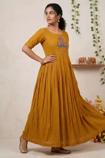 Women's new trendy mustard pleated maxi dress with intricate peacock beadwork